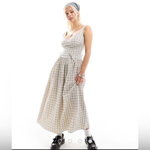 COLLUSION tie detailed smock midi dress in camel check